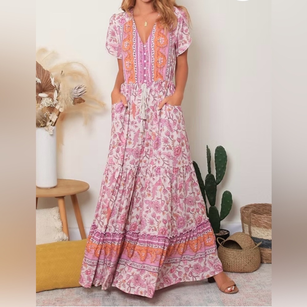 Elegant Floral Maxi Dress - Pink and Orange